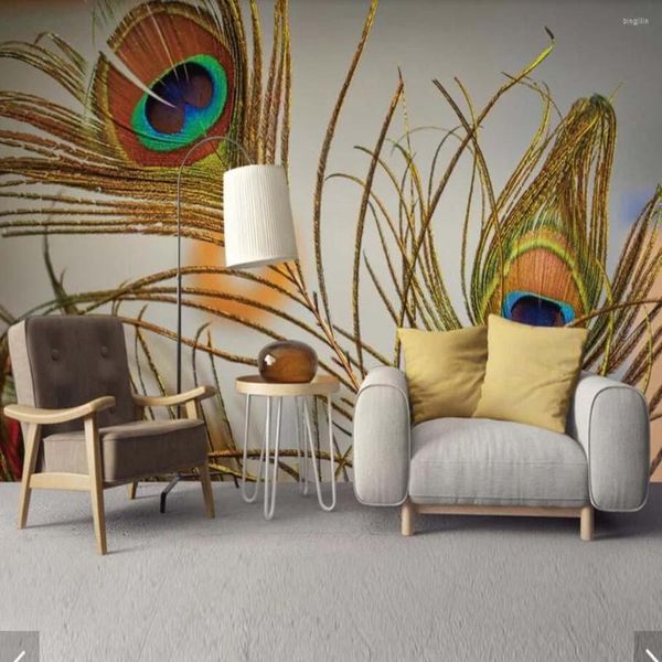 Fondos de pantalla 3D Colorido Peacock Feather Wallpaper Mural Art Decalas de pared HD Papel Papel de Parede Murals