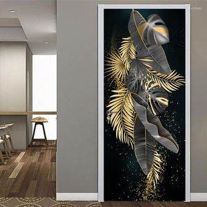 Fonds d'écran 3D Porte Décoration Papier Peint Feuille De Bananier Doré Design Moderne PVC Autocollant Étanche Autocollant Mural Stickers Muraux Salon