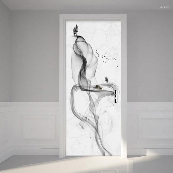 Fonds d'écran 3D Porte Autocollant Papier Peint Noir Blanc Abstrait Fumée Étanche Auto-adhésif Mural Stickers Muraux Moderne Salon Chambre