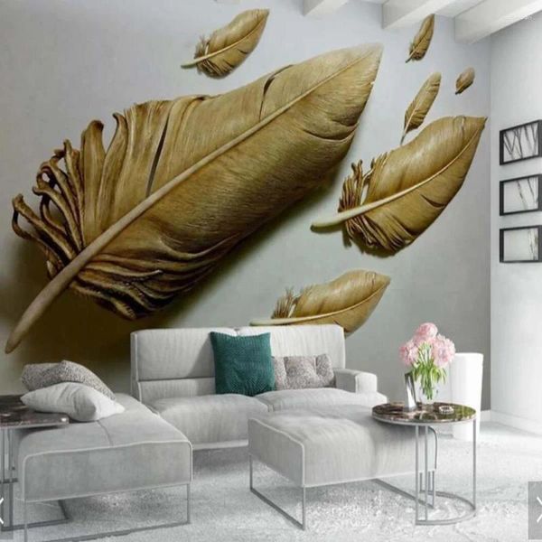 Fonds d'écran 3D en relief or plume papier peint Po Mural salon chambre maison décoration murale taille personnalisée Papel De Parede Techo