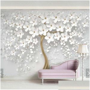 Sfondi 3D Carta da parati con fiori bianchi in rilievo Stampa murale Po per la camera Decorazione della parete di casa Rotoli di carta floreali moderni Drop Deliver Dhfaa