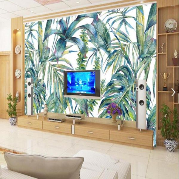 Fonds d'écran 3D européen tropique arbre feuilles peinture à la main Po papier peint pour salon TV canapé toile de fond peintures murales taille personnalisée