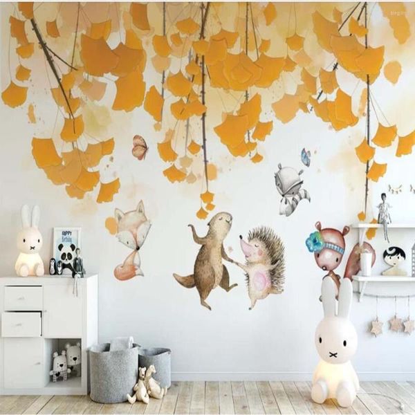 Fondos de pantalla 3D Ginkgo Hojas Cartón Animal Niños Dormitorio Papel tapiz Mural Arte Tatuajes de pared HD Po Rollos de papel Murales Contacto