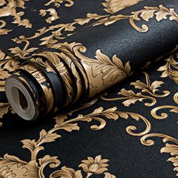 Papeles pintados 3D de alta calidad, oro negro, textura en relieve de lujo, papel tapiz de Damasco metálico, decoración moderna para el dormitorio del hogar y la sala de estar