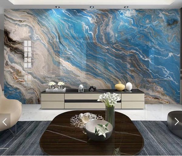 Fonds d'écran 3D Marbre Mural Bleu Fond Papiers Peints Pour Murs Canapé TV Toile De Fond Po Papier Peint Toile Soie Tissu Contact Papier
