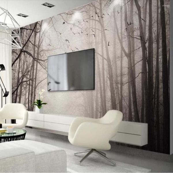 Fonds d'écran 3D Misty Forest Tree Wallpaper Mural Art Wall Decal HD Po Rouleaux de papier Peinture à la main Voir les peintures murales Contact