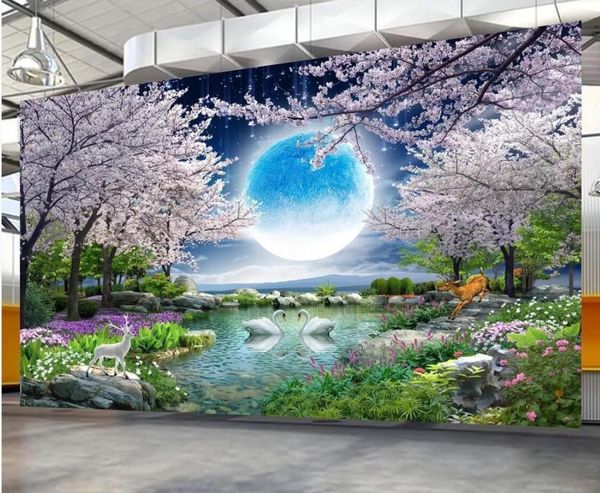 Fonds d'écran 3D Mural Papier Peint Lune Fleur De Cerisier Arbre Nature Paysage Peinture Po Papier Peint Décor À La Maison Contacter Personnalisé