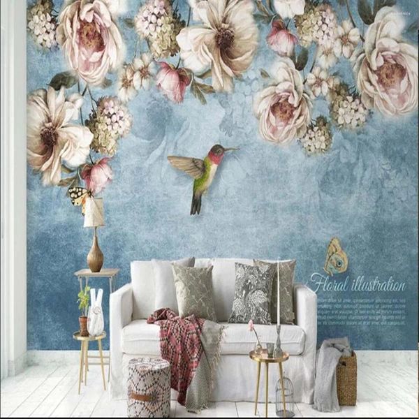 Fondos de pantalla Murales 3D Pintura a mano Rosa Vintage Mural Po Papel tapiz para sala de estar Dormitorio Decoración de la pared del hogar Paisaje Europeo Retro Floral