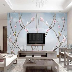 Fonds d'écran peintures murales 3D branche d'arbre fleur de pêcher fleur Pigeon papier peint mural imprimé peinture Po papier toile papiers