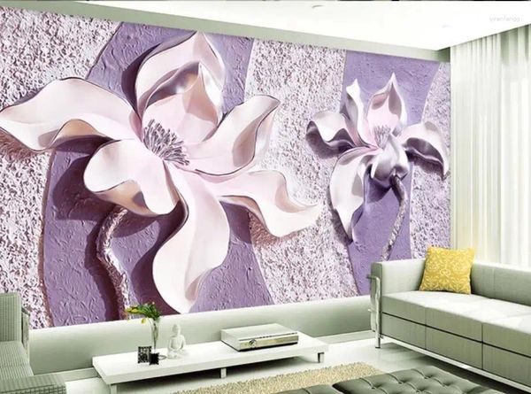 Fondos de pantalla Murales 3D Papel tapiz para sala de estar Magnolia púrpura en relieve TV Fondo de pared