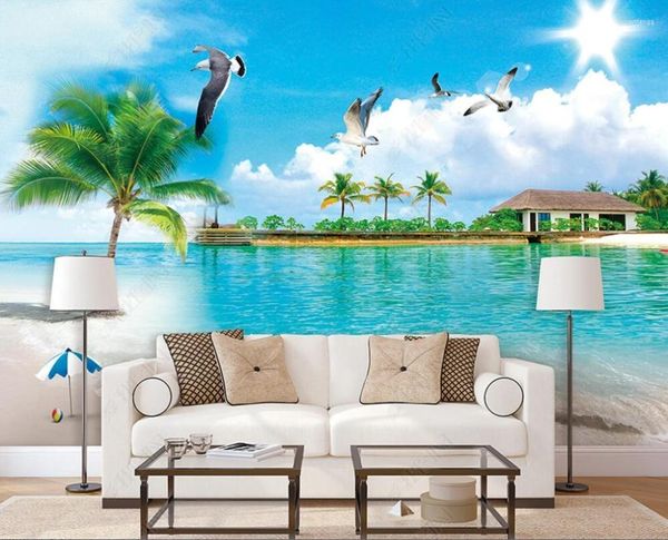 Fonds d'écran 3D Po personnalisé mural romantique paysage marin cocotier mouette paysage chambre décoration de la maison papier peint pour murs