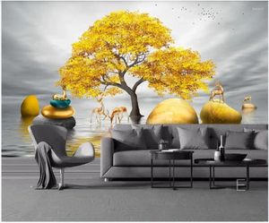 Fondos de pantalla 3D PO Wallpaper Mural personalizado en la pared Estilo chino Golden Tree Elk Paisaje Decoración para el hogar Papel en la sala de estar