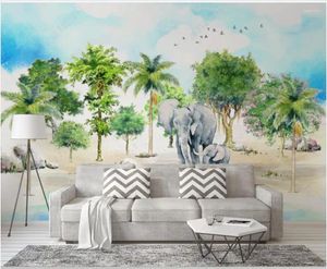 Fonds d'écran de fonds d'écran 3D PO sur le mur Mural Mural Tropical Forest Coconut Palm Treat Elephant Landage pour les murs en rouleaux