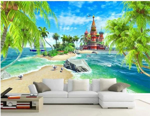 Fonds d'écran 3D Po Fond d'écran sur le mur personnalisé mural Coconut Beach Castle Paysage Décoration de salon pour murs en rouleaux