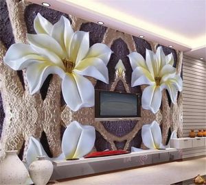 Papeles pintados 3D relieve Mural Magnolia flores papel tapiz para sala de estar TV Fondo pintura moderna decorativa