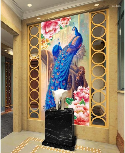 Fondos de pantalla 3d Papel tapiz para habitación Personalizado Po Pavo real Flores Porche Decoración Pintura Murales de pared para la decoración del hogar Fondo