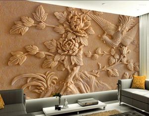 Fonds d'écran 3D Room Fond d'écran Paysage Peony Relief Mural Peintures Home Decoration