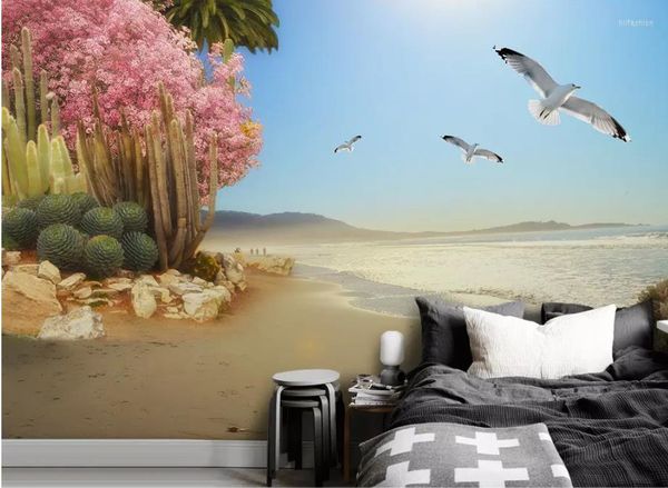 Fondos de pantalla 3D Mar Plantas tropicales Flores y pájaros Fondo Pintura de pared Papel tapiz para paredes 3 D Sala de estar