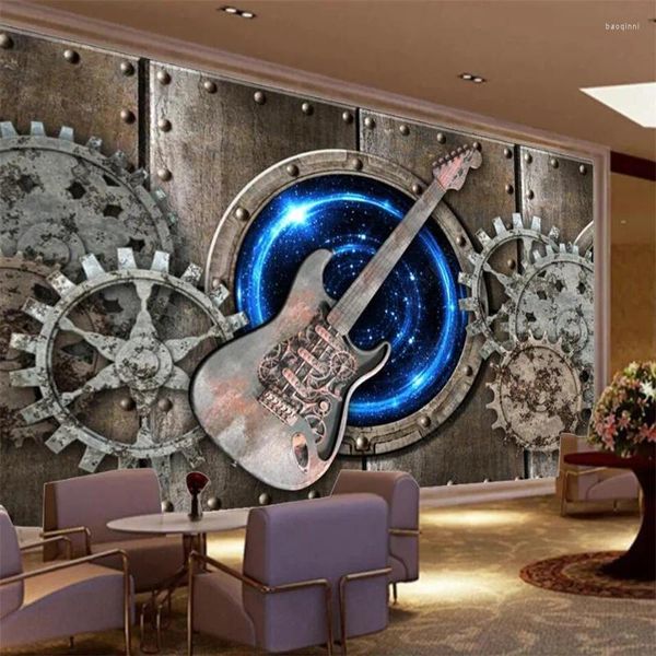 Fondos de pantalla 3D Estéreo Po Papel de pared Retro Nostálgico Engranaje Guitarra Mural personalizado Bar KTV Decoración industrial Papel de parede