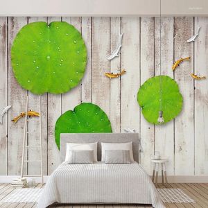 Fonds d'écran 3D Stéréoscopique Style chinois Po Mural en relief feuille de lotus carpe planche de bois TV canapé fond papier peint personnalisé décor à la maison