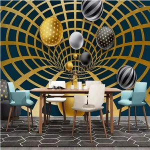 Wallpapers 3D Stereoscopische Gouden Lijnen Zwarte Achtergrond Geometrische Trompetballen Uitgebreide Ruimte Muurschildering Behang Modern Kunstpapier