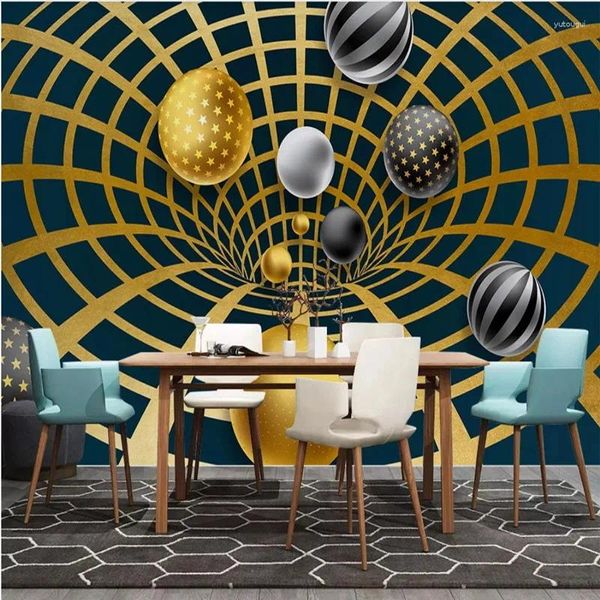 Fonds d'écran 3D lignes dorées stéréoscopiques toile de fond noire boules de trompette géométriques espace étendu papier peint mural papier peint d'art moderne