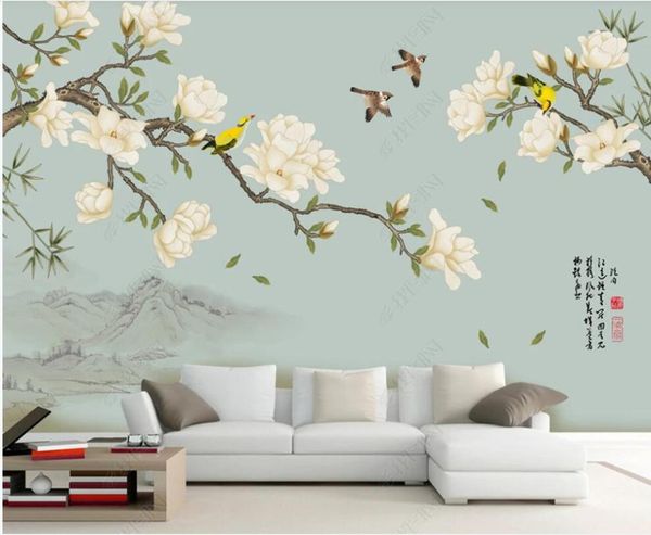 Papiers peints 3d peintures murales papier peint personnalisé Mural Style chinois Magnolia fleur et oiseau décor à la maison Po pour murs en rouleaux