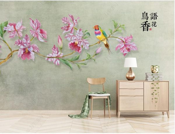 Fondos de pantalla Murales de pared 3D Papel tapiz Mural personalizado Flores de orquídeas pintadas a mano chinas y decoración del hogar de pájaros Po para paredes en rollos