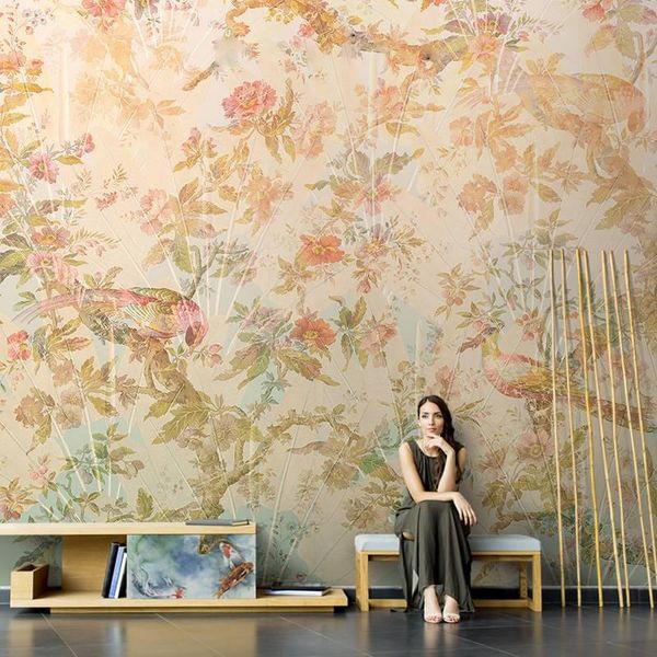 Fondos de pantalla 3D Wallpaper Americano pintado a mano Pastoral Bird Flower Pattern Mural Decoración interior para sala de estar Dormitorio