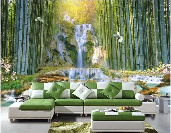Fondos de pantalla Papel tapiz 3d Bambú Cascada Parque Paisaje Pintura de pared Mural personalizado Po Murales para paredes 3 D