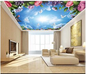 Fonds d'écran 3d Papier Peint Peintures Murales De Plafond Personnalisées Paysage Mural Belles Fleurs Blanc Pigeon Ciel Nuage