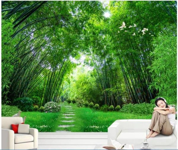 Fonds d'écran 3D Fond d'écran personnalisé Po Mural Bamboo Forest Trail Home Decor Fond Salon Peintures murales pour murs 3 D