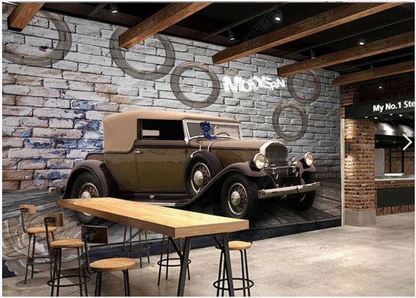 Fonds d'écran 3D Fond d'écran personnalisé Po Mural Rétro Vintage Car Shop Brick Wall Décoration de la maison Chambre pour murs en rouleaux