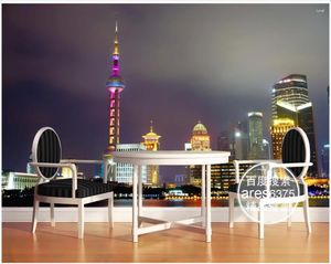 Fondos de pantalla 3D Papel tapiz personalizado Po Shanghai Oriental Pearl Tower Paisaje urbano Decoración para el hogar Sala de estar Murales de pared para paredes 3 D
