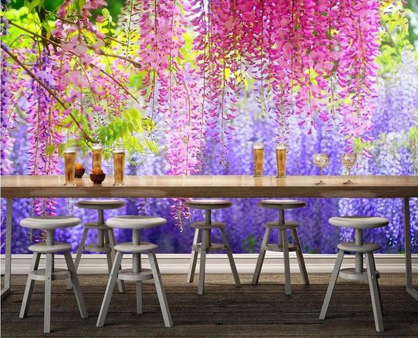 Fonds d'écran 3D Papier peint pour chambre Aquarelle Wisteria Fleur Feuilles Po Murs Décoration de la maison