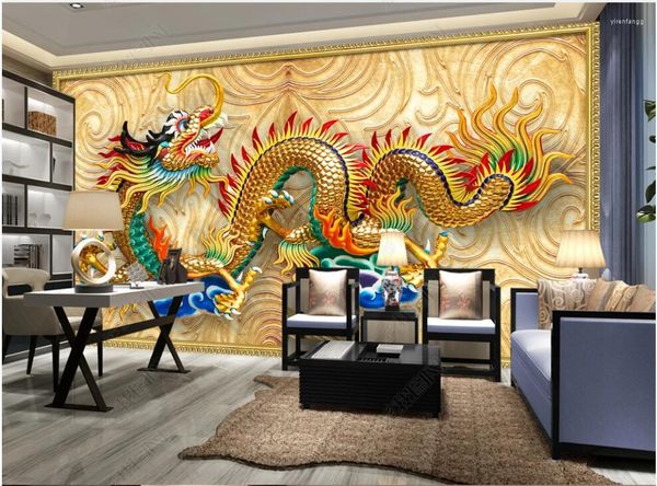 Fonds d'écran 3D Papier peint pour murs Luxueux Dragon d'or en relief personnalisé mural décor à la maison Po autocollant chambre sur le mur