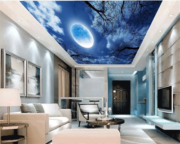 Fondos de pantalla Papel tapiz 3d Sala de estar Árboles simples Hermosa Luna Cielo nocturno Paisaje romántico personalizado Zenith Mural de seda