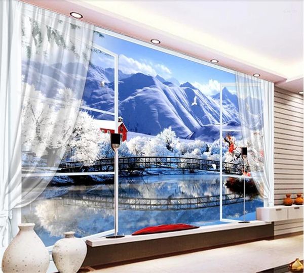 Fondos de pantalla Papel tapiz 3D Murales Paisaje de nieve para la sala de estar Dormitorio Fondo de TV moderno Paredes de pared 3 D