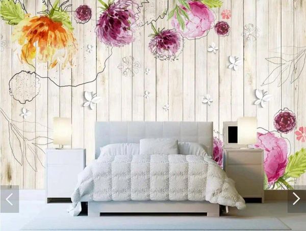 Fondos de pantalla 3D Acuarela Papel tapiz floral Fondo de madera Papel Adhesivo Decorativo Para Muebles Papier Peint Mural Rouleau Flower