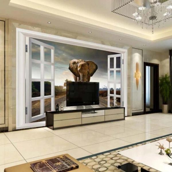 Fonds d'écran 3D Window Elephant Po Wallpaper Mural For Living Room TV Background décor mural S 3 D Animal imperméable