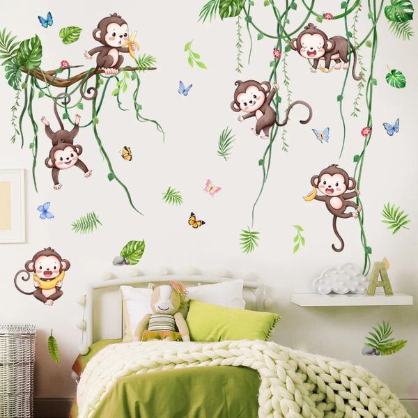 Fonds d'écran 3pcs dessin animé drôle vigne singe mural autocollant chambre d'enfants maternelle fond.