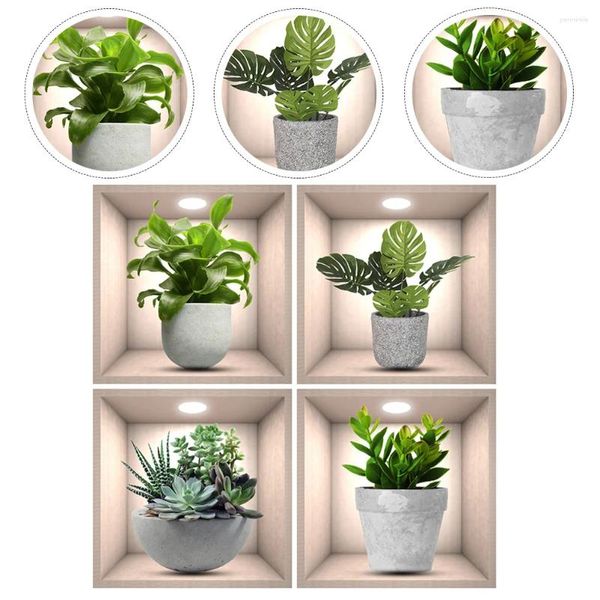 Fondos de pantalla 4 PCS Etiqueta de la pared Decoración del baño Decoración realista Bonsai Calcomanías Flores Pot Impresión Hogar