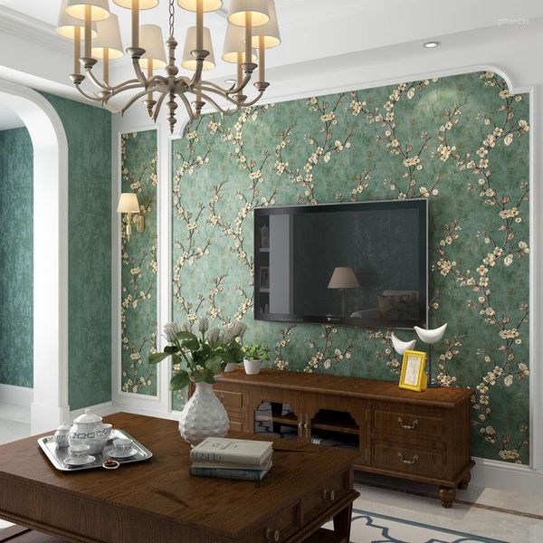 Fondos de pantalla American Rustic Floral Home Decor Plum Blossom Flower 3D Rollo no tejido decorativo para las paredes del dormitorio