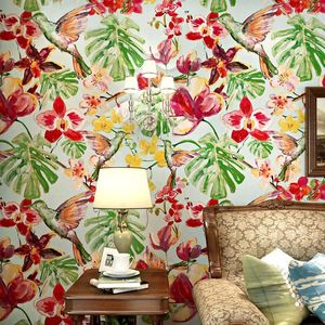 Fonds d'écran American Rustic Red Flower Papiers muraux à la maison Livrage Chambre décor de la forêt Murale Forest Bird Gree Palme Feuilles Floral