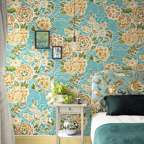 Fondos de pantalla Estilo americano Rústico Gran floral Papel de pared Rollo Impermeable PVC Dormitorio Fondo Calcomanías de flores Carta Da Parati