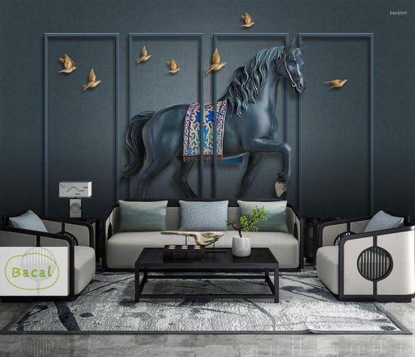 Papeles pintados Bacal negro 3D papel tapiz europeo Mural de lujo clásico Animal papel de pared sala de estar TV Fondo decoración caballos murales para paredes