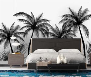 Fonds d'écran Bacal Personnalisé 3D Po Papier Peint Mural Noir Et Blanc Croquis Style Forêt Tropicale Cocotier Nordique TV Fond Mur