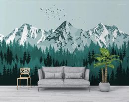 Wallpapers Bacal Custom Modern Nordic Minimalist Pine Green Forest Snow Mountain Landscape Wall Home Decoration 3d Wallpaper Mural