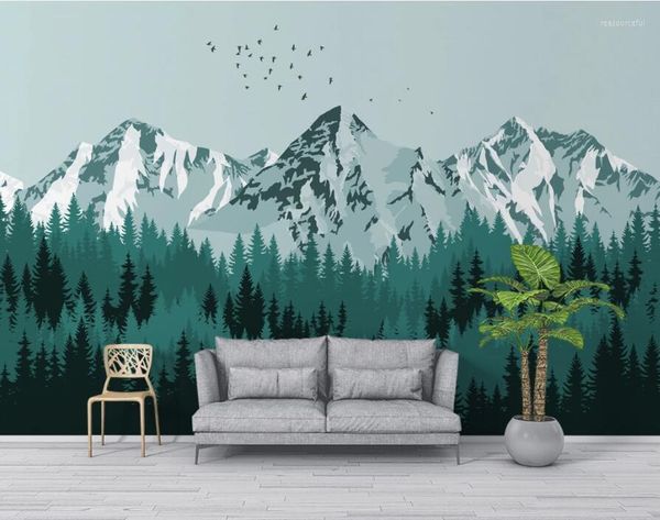 Papeles pintados Bacal personalizado moderno nórdico minimalista pino verde bosque nieve montaña paisaje pared decoración del hogar papel tapiz 3d Mural