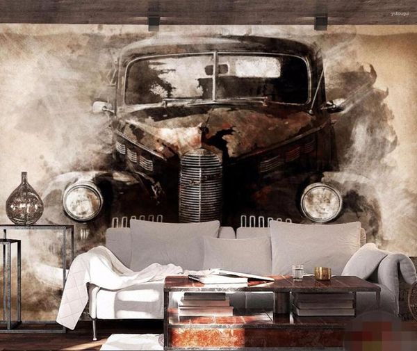 Fondos de pantalla Bacal Wallpaper Murales de pared Pegatinas 3D Tinta Estilo europeo Nostálgico Retro Tattered Black Car Classic Telón de fondo
